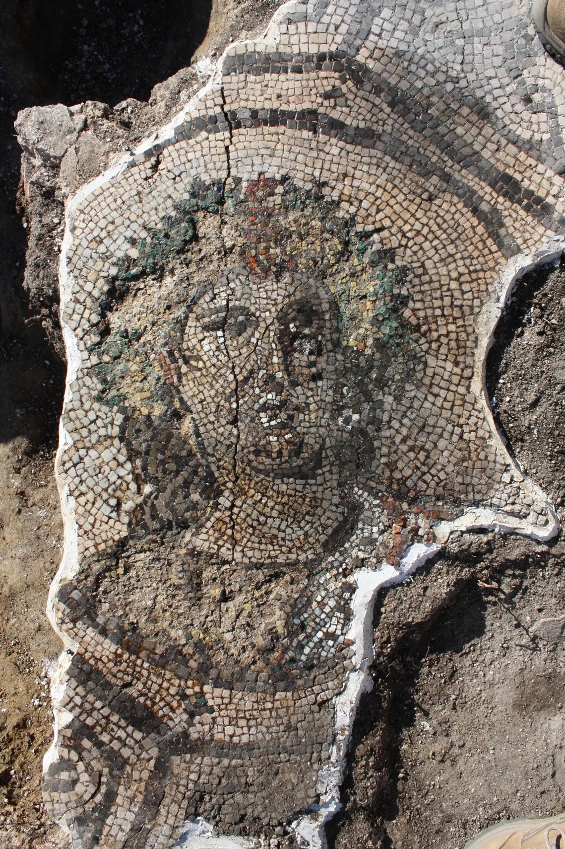 dettaglio del volto di Dioniso o Apollo (foto archivio SABAP) - mosaico Bellaria Igea Marina