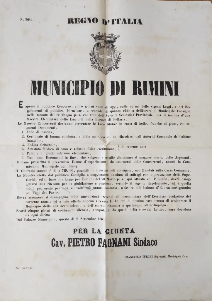 Manifesto del Municipio di Rimini per il concorso alla nomina di una maestra elementare nella borgata di Bellaria, 9 settembre 1865. Archivio di Stato di Rimini.