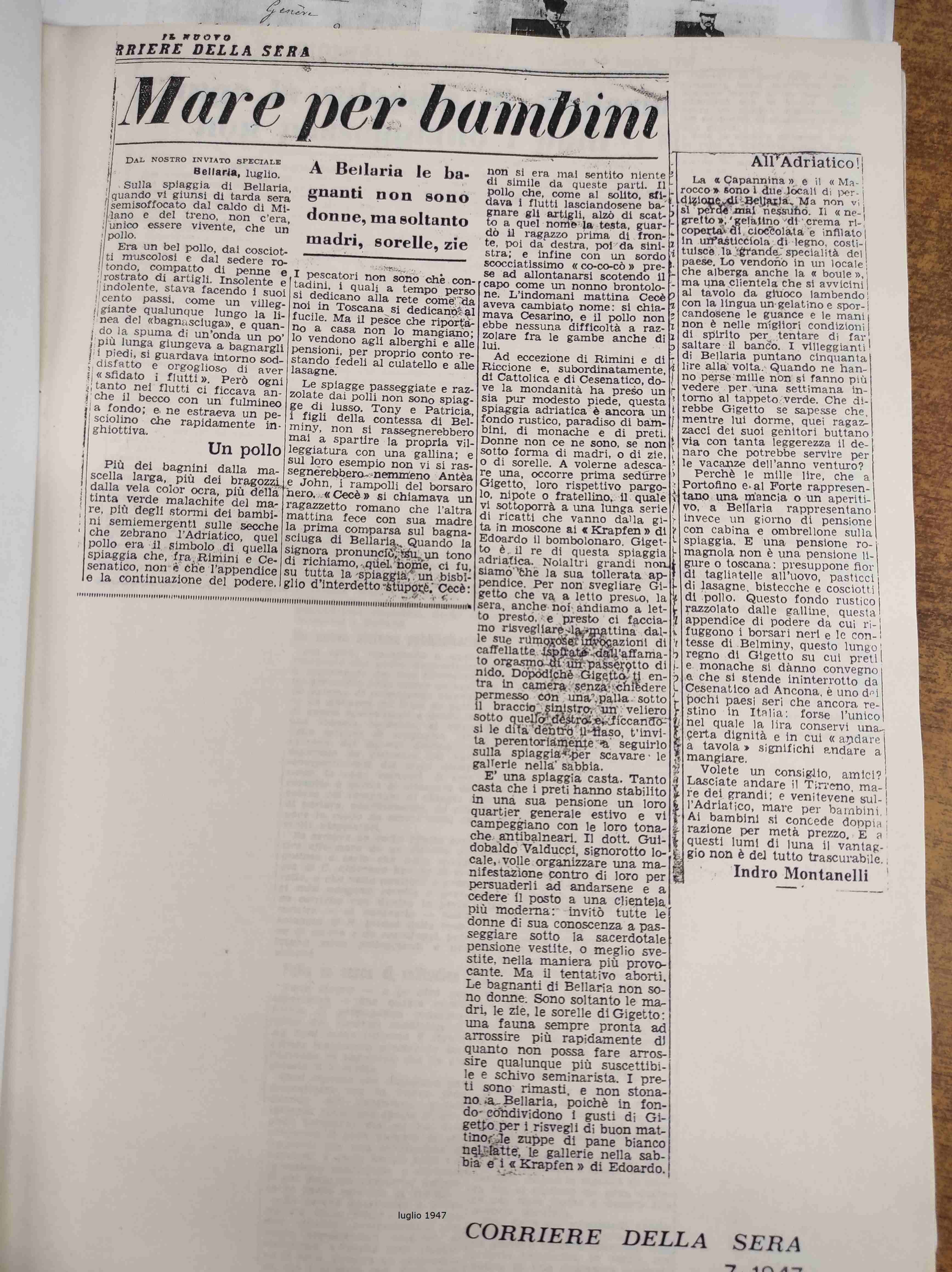 Mare per bambini, Indro Montanelli sul Corriere della Sera nel luglio 1947.