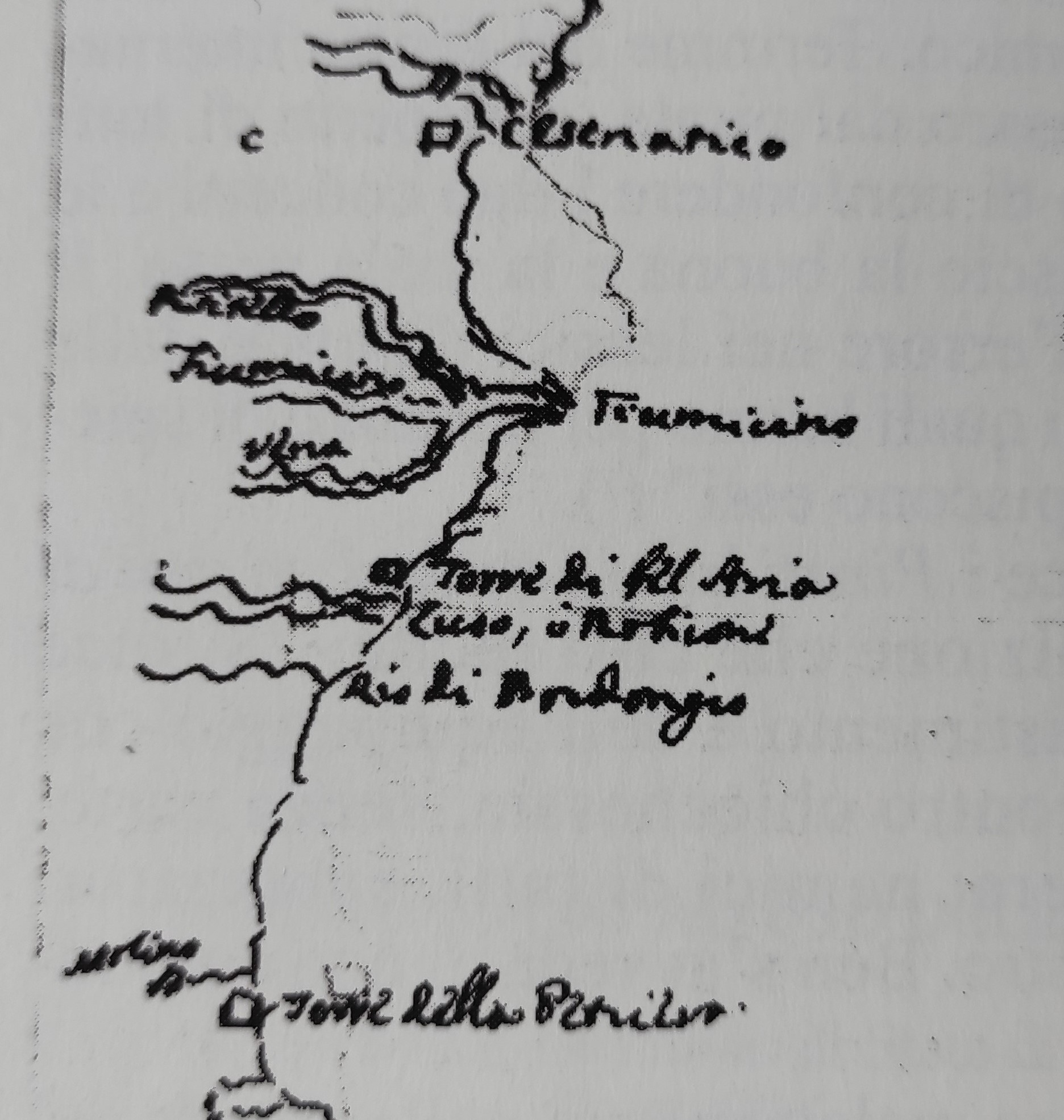 Particolare di schizzo a penna del litorale pontificio adriatico, L. F. Masini, inizio 1700, Biblioteca Universitaria di Bologna