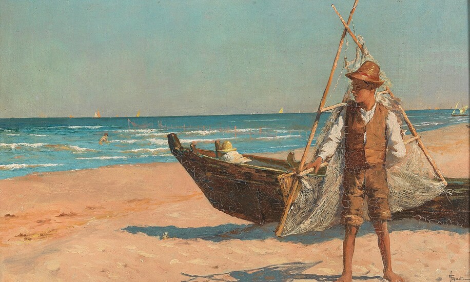 Edgardo Saporetti , Giovane pescatore sulla spiaggia, olio su tela, 19*31 cm.