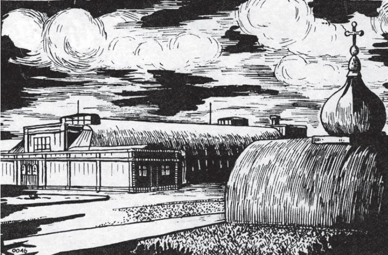 Teatro e chiesa, disegno di Oleg Ostrovsky