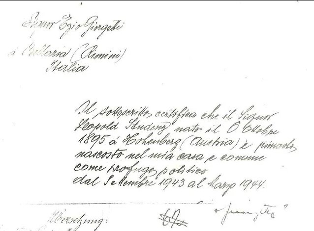Lettera di Ezio Giorgetti per Leopold Studeny.
Nella lettera Giorgetti certifica di aver ospitato e nascosto Studeny nella propria casa dal settembre 1943 al marzo 1944.
Fonte internamentoveneto.it
